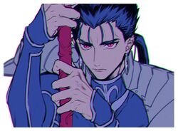  1boy angry bad_id bad_pixiv_id blue_hair blurry closed_mouth cu_chulainn_(fate) cu_chulainn_(fate/stay_night) earrings fate/stay_night fate_(series) gae_bolg_(fate) holding holding_polearm holding_weapon jewelry long_hair looking_at_viewer male_focus polearm ponytail red_eyes simple_background slit_pupils solo spear spiked_hair uni_(nico02) weapon 