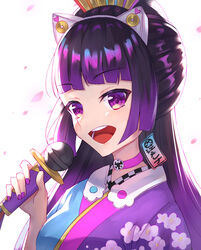  cherry_blossoms choker commentary_request edo_lena female fingernails floral_print highres holding holding_microphone indie_virtual_youtuber japanese_clothes kimono long_hair masaki_(msk064) microphone nail_polish open_mouth petals pink_choker purple_eyes purple_hair purple_nails solo teeth virtual_youtuber white_background 