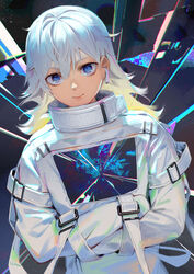  abstract abstract_background absurdres bad_id bad_twitter_id blonde_hair blue_eyes chromatic_aberration closed_mouth ddal earbuds earphones female hair_between_eyes highres long_hair looking_at_viewer multicolored_hair original slit_pupils smile solo straitjacket white_hair 