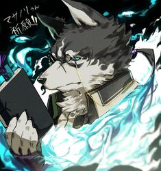  1boy artist_name bad_id bad_twitter_id black-framed_eyewear black_fur black_sclera blue_eyes blue_fire body_fur book bookmark claws colored_sclera commentary_request dog_boy eyewear_strap fire furry furry_male glasses highres holding holding_book looking_at_viewer male_focus masanori_(housamo) pmlial ponytail portrait scar scar_on_face slit_pupils snout solo tokyo_afterschool_summoners translation_request white_fur 