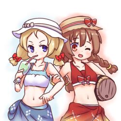  100_percent_orange_juice 2girls barrel bikini blonde_hair blue_bikini blue_eyes blue_sarong bow bow_bikini braid breasts brown_eyes brown_hair collarbone cup fernet_(orange_juice) flying_red_barrel forehead hat hat_bow holding_barrel kelsuis low_twintails marc_(orange_juice) midriff multicolored_bikini multicolored_clothes multiple_girls navel official_alternate_costume one_eye_closed open_mouth red_bikini sarong small_breasts stomach straw_hat sun_hat swimsuit twin_braids twintails upper_body white_bikini white_headwear wristband 