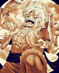  1boy abs alternate_form arm_up blood buttons collarbone crazy_eyes curly_eyebrows fingernails fur_trim gear_fifth hat hat_on_back highres living_(pixiv5031111) looking_at_viewer male_focus medium_hair monkey_d._luffy nosebleed one_piece open_clothes open_mouth open_shirt outstretched_arm outstretched_hand pectorals scar scar_on_cheek scar_on_chest scar_on_face scratches sepia shorts smile solo spoilers spread_fingers steam stomach straw_hat thick_arms toned toned_male unbuttoned v-shaped_eyebrows 