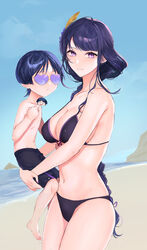  1boy aged_down beach bikini black_bikini black_male_swimwear braid breasts carrying censored censored_gesture character_censor chipietsu cleavage closed_mouth day female genshin_impact hair_ornament heart heart-shaped_eyewear highres large_breasts long_braid long_hair looking_at_viewer male_swimwear middle_finger mole mole_under_eye novelty_censor outdoors parted_lips purple_eyes purple_hair raiden_shogun scaramouche_(genshin_impact) sky sunglasses swimsuit topless_male very_long_hair 