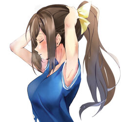  armpits blue_eyes bow breasts brown_hair caicos female hair_between_eyes hair_ribbon hairbow half_updo highres long_hair love_live! love_live!_nijigasaki_high_school_idol_club medium_breasts osaka_shizuku ponytail ribbon sidelocks solo yellow_bow 