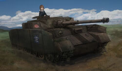  anglerfish brown_eyes brown_hair caterpillar_tracks cloud commentary_request day emblem female fish girls_und_panzer grass headphones highres military military_vehicle motor_vehicle mountain nishizumi_miho ooarai_(emblem) ooarai_military_uniform open_mouth outdoors panzer_iv short_hair sky solo tank yomanika 