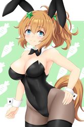  animal_ears bare_shoulders black_bow black_bowtie black_leotard black_thighhighs blue_eyes border bow bowtie breasts brown_hair brown_pantyhose carrot_print cleavage closed_mouth commentary_request covered_navel cowboy_shot curled_fingers detached_collar dot_nose ear_covers female food_print gurukorian hair_between_eyes hair_ornament hand_on_own_hip highleg highleg_leotard highres horse_girl horse_tail leotard looking_at_viewer medium_breasts nontraditional_playboy_bunny pantyhose smile solo split_mouth strapless strapless_leotard taiki_shuttle_(umamusume) tail thighhighs umamusume white_border wrist_cuffs 