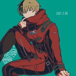  1boy adjusting_clothes arm_support blonde_hair coat commentary danganronpa_(series) danganronpa_3_(anime) dated earrings from_side green_background hand_up invisible_chair izayoi_sounosuke jewelry kiri_(2htkz) knee_up long_sleeves looking_at_viewer male_focus red_coat red_eyes short_hair simple_background sitting solo 