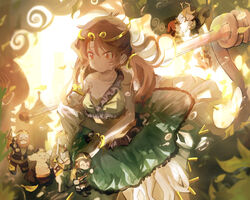  3girls 4boys antlers bare_shoulders blonde_hair blue_shirt blue_skirt bo_staff breasts brown_hair chinese_commentary circlet cleavage commentary_request crying crying_with_eyes_open detached_sleeves dragon_girl dragon_tail dress green_dress green_shirt highres horns horse horseback_riding journey_to_the_west kicchou_yachie large_breasts long_hair low_twintails medium_hair monkey_girl monkey_tail multicolored_clothes multicolored_dress multiple_boys multiple_girls nippaku_zanmu pingfengtan prehensile_tail red_eyes riding ruyi_jingu_bang sha_wujing shirt short_hair single-shoulder_dress single_detached_sleeve single_sleeve single_strap skirt sleeveless sleeveless_dress son_biten streaming_tears sun_wukong tail tang_sanzang tassel tears test_tube touhou turtle_shell twintails white_sleeves yulong_(journey_to_the_west) zhu_bajie 