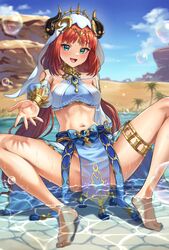  :d aqua_eyes arms_behind_back barefoot blue_bow blue_gemstone bow breasts bubble clothing_cutout crop_top fake_horns feet female full_body gem genshin_impact gold_trim harem_outfit highres horns kadokadokado legs long_hair long_sleeves looking_at_viewer low_twintails medium_breasts nail_polish navel nilou_(genshin_impact) open_mouth outdoors outstretched_hand parted_bangs pelvic_curtain puffy_long_sleeves puffy_sleeves red_hair see-through sitting skirt smile solo spread_legs stomach thighs toenail_polish toenails toes twintails veil water wet wet_clothes 