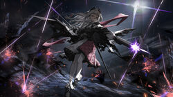  ankle_boots arknights belt black_footwear black_gloves black_jacket boots breasts dual_wielding earrings female firing full_body gloves grey_eyes grey_hair gun head_wings highres holding holding_gun holding_sword holding_weapon irene_(arknights) jacket jewelry layered_skirt leg_up lens_flare long_hair long_sleeves looking_at_viewer medium_breasts pantyhose purple_skirt ricocheting skirt solo sword weapon white_pantyhose white_skirt wings wu_lun_wujin 