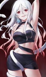  :d animal arm_behind_head arm_up armpits bare_arms bare_shoulders black_choker black_shirt black_skirt black_sports_bra breasts choker cleavage commentary cowboy_shot emyo fangs female gradient_hair highres large_breasts long_hair looking_at_viewer midriff miniskirt multicolored_hair open_mouth original red_eyes shirt skirt sleeveless sleeveless_shirt smile snake solo sports_bra standing stomach white_hair 