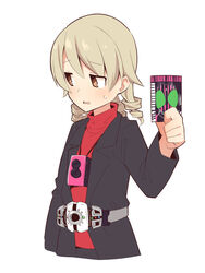  bad_id bad_pixiv_id belt black_jacket blush brown_eyes brown_hair card cosplay cropped_torso decadriver female hair_between_eyes holding holding_card idolmaster idolmaster_cinderella_girls jacket kadoya_tsukasa kadoya_tsukasa_(cosplay) kamen_rider kamen_rider_dcd kamen_rider_decade long_hair long_sleeves looking_away morikubo_nono open_clothes open_jacket parted_lips photoshop_(medium) red_shirt ringlets shirt simple_background solo sweat turtleneck uccow upper_body wavy_mouth white_background 