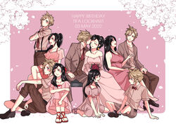  1boy babigonice bare_shoulders black_hair blonde_hair blue_eyes blush bouquet bow bowtie character_name cloud_strife couple dated dress earrings female final_fantasy final_fantasy_vii final_fantasy_vii_remake flower formal full_body happy_birthday jewelry long_hair necktie pink_dress red_eyes sandals shoes sitting sleeveless sleeveless_dress straight suit tifa_lockhart 