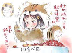  animal_ears animal_hood ano_ko_wa_toshi_densetsu artist_self-insert black_hair blush brown_eyes chestnut commentary_request fake_animal_ears fake_tail female flower food food_on_face gomennasai hair_flower hair_ornament hairclip holding holding_food holding_spoon hood hood_up sparkle spoon squirrel_costume squirrel_ears squirrel_girl squirrel_tail tail tail_raised translation_request yellow_flower zangyaku-san 