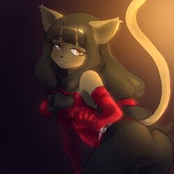  1:1 accessory ankama anthro armwear ass black_background breasts clothing digital_media_(artwork) dofus dress ecaflip elbow_gloves felid female freckles glistening glistening_eyes gloves gradient_background hair hair_accessory handwear long_hair looking_at_viewer mammal miranda_(wakfu) presenting presenting_hindquarters shaded simple_background smile solo wakfu 