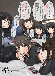  bed black_serafuku black_shirt black_skirt blouse blush brown_hair cellphone commentary dry_humping heavy_breathing highres humping interlocked_fingers long_hair mejikara_scene multiple_girls original phone school_uniform serafuku shirt skirt smartphone translated yuri 