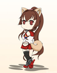  animal_ears beige_background black_thighhighs brown_eyes brown_hair cherry_blossoms commentary detached_sleeves dog_ears dog_tail female full_body highres hip_vent kantai_collection kemonomimi_mode long_hair one-hour_drawing_challenge ponytail rudder_footwear simple_background single_thighhigh solo standing tail thighhighs yakuto007 yamato_(kancolle) z_flag 