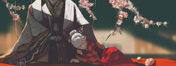  1other ambiguous_gender blurry blurry_background branch closed_eyes closed_mouth commentary doll doll_joints female flower green_kimono hair_bun highres hina_ningyou hinamatsuri japanese_clothes joints kimono layered_clothes layered_kimono long_sleeves lying nicporim on_side original pink_flower red_kimono single_hair_bun sitting white_hair white_kimono 