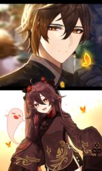  1boy absurdres ahoge bad_id bad_pixiv_id black_gloves black_shorts blurry blurry_background boo_tao_(genshin_impact) breasts brown_hair bug butterfly chinese_clothes coat colored_tips dutch_angle earrings english_commentary eyeliner female flower flower-shaped_pupils genshin_impact ghost gloves gradient_hair hair_between_eyes hair_flower hair_ornament highres hu_tao_(genshin_impact) jewelry long_sleeves looking_at_viewer makeup multicolored_hair open_mouth orange_hair parted_lips plum_blossoms red_eyes red_hair red_shirt shirt shorts simple_background single_earring sleeves_past_wrists small_breasts smile sp0i0ppp symbol-shaped_pupils tassel tassel_earrings twintails white_background yellow_eyes zhongli_(genshin_impact) 