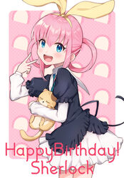  :d animal animal_hug black_jacket blue_eyes blue_neckwear character_name collared_dress commentary_request dress feline female frilled_jacket frills hair_between_eyes hair_ribbon hair_rings hand_up happy_birthday highres jacket kamaboko_(milky_holmes) layered_sleeves long_sleeves mugi_(iccomae) open_mouth pink_background pink_hair puffy_short_sleeves puffy_sleeves ribbon sherlock_shellingford short_over_long_sleeves short_sleeves sidelocks smile standing tantei_opera_milky_holmes two-tone_background v white_background white_dress yellow_ribbon 