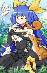  artist_name bangs bird black_dress blue_background blue_hair breasts bright_pupils bunny choker cleavage cloud collarbone deer dizzy_(guilty_gear) dove dress eyebrows_visible_through_hair female grass guilty_gear guilty_gear_xrd hair_ribbon highres large_breasts long_hair long_sleeves looking_at_viewer lyn_(shunao) one_eye_closed plant red_eyes ribbon sky smile squirrel tail tail_ribbon twintails very_long_hair white_pupils yellow_ribbon 