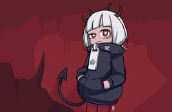  alternate_color black_jacket blunt_bangs closed_mouth commentary_request demon_girl demon_horns demon_tail eyebrows_hidden_by_hair female hands_in_pockets heart heart-shaped_pupils helltaker highres horns jacket jitomi_monoe owlsoda pantyhose parody pentagram red_eyes red_pantyhose solo spikes standing style_parody symbol-shaped_pupils tail uneven_eyes vanripper_(style) virtual_youtuber voms white_hair zipper_pull_tab 