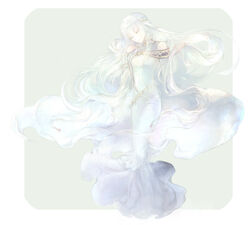  border closed_eyes closed_mouth detached_sleeves dress female fire_emblem fire_emblem:_the_blazing_blade floating_hair full_body grey_background head_tilt kuzumosu long_dress long_hair long_sleeves mermaid_dress ninian_(fire_emblem) sleeveless sleeveless_dress solo very_long_hair white_border white_dress white_hair white_sleeves 