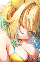  between_breasts bikini blonde_hair blue_eyes blue_hair bombergirl breasts cleavage clover-shaped_pupils come_hither commentary female gradient_hair hair_ornament hesoten highres large_breasts looking_at_viewer multicolored_hair oppai_loli pine_(bombergirl) short_hair simple_background smile solo swimsuit symbol-shaped_pupils two-tone_hair upper_body white_background yellow_bikini yellow_pupils 