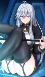  86_-eightysix- absurdres bad_id bad_pixiv_id black_thighhighs blue_eyes blue_hair blush breasts chin_gero commentary_request female garter_straps highres holding holding_whip light_blue_hair long_hair looking_at_viewer military military_uniform multicolored_hair open_mouth sitting solo thighhighs thighs uniform vladilena_millize 