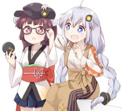  2girls a.i._voice adjusting_eyewear ahoge bespectacled black_headwear blue_skirt braid brown_hair brown_skirt cabbie_hat commentary compact_(cosmetics) glasses grey_hair hair_ornament hair_tubes hand_up hat headgear headpat high-waist_skirt highres holding_compact japanese_clothes kimono kizuna_akari kizuna_akari_(a.i._voice) long_hair medium_hair miniskirt multiple_girls ne_(dreamyee) obi open_mouth pleated_skirt red_eyes sash shirt sitting skirt smile standing suspender_skirt suspenders touhoku_kiritan twin_braids very_long_hair vocaloid voiceroid white_background white_kimono white_shirt 