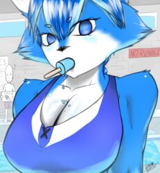  absurd_res anthro big_breasts breasts canid canine cleavage close-up clothed clothing female food fox fur hi_res human mammal popsicle solo swimwear vensaru 