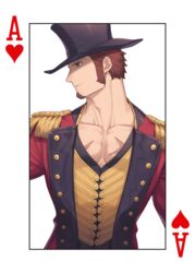  1boy 47 ace_of_hearts ace_of_spades bara blue_eyes brown_hair epaulettes facial_hair fate/grand_order fate_(series) goatee hat long_sideburns looking_at_another male_cleavage male_focus mature_male muscular muscular_male napoleon_bonaparte_(fate) official_alternate_costume pectorals poker scar scar_on_chest short_hair sideburns solo top_hat upper_body welcome_to_the_travelling_circus! 