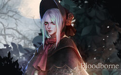  bloodborne bonnet doll female flower gold_trim green_eyes hat looking_at_viewer plain_doll portrait red_headwear renshena ribbon rose white_hair 