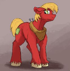  2023 absurd_res big_macintosh_(mlp) blonde_hair blonde_mane collar cutie_mark digital_media_(artwork) earth_pony equid equine female feral fetlocks friendship_is_magic fur green_eyes hair hasbro hi_res hooves horse inner_ear_fluff leg_tuft mammal mane mtf_crossgender my_little_pony pony red_body red_fur reddthebat rule_63 smile solo tail tuft yellow_tail 