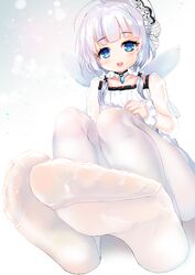  aged_down azur_lane bad_id bad_pixiv_id blue_eyes coat_dress dress fake_wings feet female lace-trimmed_headwear lace_trim legs little_illustrious_(azur_lane) low_twintails no_shoes pantyhose piaroo see-through see-through_sleeves smile soles solo twintails white_dress white_hair white_headwear white_pantyhose wings 