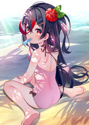  ass bare_arms bare_legs bare_shoulders barefoot beach black_hair casual_one-piece_swimsuit commentary day feet female flower food food_in_mouth from_behind grisaia_(series) grisaia_chronos_rebellion hair_between_eyes hair_flower hair_ornament hairclip highres koizumi_isuka long_hair looking_at_viewer looking_back meito_(maze) mouth_hold multicolored_hair on_ground one-piece_swimsuit one_side_up outdoors pink_one-piece_swimsuit popsicle red_eyes red_flower red_hair sand sitting soles solo streaked_hair swimsuit toes very_long_hair wariza 