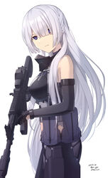  ak-15 ak-15_(girls&#039;_frontline) assault_rifle black_gloves black_pants black_shirt black_sleeves closed_mouth female girls&#039;_frontline gloves grey_hair gun hair_over_one_eye highres holding holding_gun holding_weapon kalashnikov_rifle long_hair mask pants purple_eyes rifle sarasa_(kanbi) shirt simple_background sleeveless sleeveless_shirt solo weapon white_background 