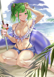  absurdres bare_shoulders barefoot beach beach_umbrella bikini black_bikini blue_shorts blush breasts candy_hair_ornament cloud collarbone commentary_request cup day earrings female food food-themed_hair_ornament food_on_face fruit green_eyes green_hair hair_ornament halterneck hand_on_own_head highleg highleg_bikini highres holding holding_cup ice_cream jewelry kasoke_no_tsubasa large_breasts layered_bikini medium_hair multi-strapped_bikini navel ocean one_eye_closed open_clothes open_shorts original outdoors palm_tree parfait print_bikini red_nails sand short_shorts shorts sitting sky smile solo spoon strawberry sundae sweat swimsuit tree twintails umbrella wafer wafer_stick water watermelon_hair_ornament wavy_mouth yokozuwari 