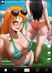  2girls absurdres aqua_bikini ass bare_shoulders bikini black_hair blush breasts cleavage collarbone commentary echo_saber english_commentary eyewear_on_head fake_phone_screenshot fake_screenshot grass highleg highleg_bikini highres large_breasts linea_alba long_hair looking_at_viewer multiple_girls nami_(one_piece) navel nico_robin ocean one_eye_closed one_piece orange_hair paid_reward_available patreon_logo patreon_username selfie shiny_skin ship striped_bikini striped_clothes sunglasses swimsuit tiktok tongue tongue_out water watercraft web_address 