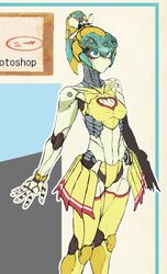  aqua_eyes armor blush breasts cleavage_cutout clothing_cutout commentary female humanoid_robot joints jpeg_artifacts mecha mechanical_arms mechanical_legs no_humans no_mouth open_hand original ponytail robot robot_joints shion_humine yellow_armor 