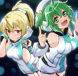  2girls andou_tazusa assault_lily blonde_hair cosplay d4dj green_eyes green_hair hair_between_eyes hanamaki_towa hanamaki_towa_(cosplay) iwata_haruki izumo_saki izumo_saki_(cosplay) looking_at_viewer multiple_girls oerba_yun_fang open_mouth ponytail red_eyes ribbon school_uniform short_hair smile tsumugi_risa urutsu_sahari voice_actor_connection yoshimura_thi_mai 