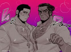  2boys alternate_pectoral_size bara black_eyes black_hair bursting_pectorals buzz_cut chest_hair collared_shirt commentary covered_nipples facial_hair golden_kamuy hairy ka_ji large_pectorals long_sideburns looking_at_viewer male_focus mature_male multiple_boys multiple_monochrome muscular muscular_male pectoral_cleavage pectorals rikimatsu_ariko scar scar_on_cheek scar_on_face shirt short_hair sideburns sound_effects stubble tanigaki_genjirou thick_eyebrows upper_body very_short_hair white_shirt 