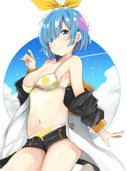  alternate_costume bad_id bad_pixiv_id bare_shoulders bikini black_shorts blue_eyes blue_hair blue_sky breasts cleavage closed_mouth collarbone commentary_request cosplay eyes_visible_through_hair female hair_ornament hair_over_one_eye hair_ribbon hairclip harusame_(moyuna412) jacket long_sleeves looking_at_viewer medium_breasts natsuki_subaru natsuki_subaru_(cosplay) navel off_shoulder open_clothes re:zero_kara_hajimeru_isekai_seikatsu rem_(re:zero) ribbon short_hair short_shorts shorts sky smile solo stomach swimsuit track_jacket white_background x_hair_ornament yellow_bikini yellow_ribbon 