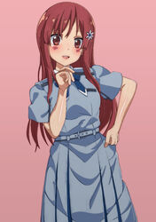  22/7 :d belt blue_neckwear blush breast_pocket breasts dress female flower hair_flower hair_ornament hairclip hand_on_own_hip kneehighs li@_(rikku04) long_hair looking_at_viewer open_mouth pink_background pocket red_eyes red_hair sato_reika school_uniform serafuku shirt short_sleeves simple_background skirt smile socks solo standing 