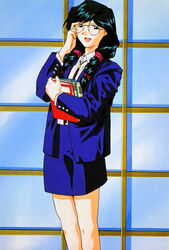  1990s_(style) adjusting_eyewear black_eyes black_hair blue_skirt book braid feet_out_of_frame female hair_over_shoulder holding holding_book jacket kinomiya_yukari long_hair looking_at_viewer non-web_source office_lady official_art open_clothes open_jacket open_mouth retro_artstyle rimless_eyewear scan skirt solo standing super_real_mahjong tanaka_ryou twin_braids window 