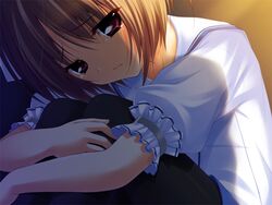  black_pantyhose brown_hair closed_mouth collared_shirt crying crying_with_eyes_open female fumio_(ura_fmo) game_cg hair_ribbon hoshiuta hugging_own_legs pantyhose red_eyes ribbon sailor_collar sailor_shirt shirt short_hair short_sleeves solo suou_nanano tears white_ribbon white_sailor_collar white_shirt 