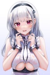  anchor_choker azur_lane bare_arms bare_shoulders black_hairband blue_background blunt_bangs blush breasts cleavage clothing_cutout collar commentary cuffs dido_(azur_lane) earrings female frilled_shirt frills gradient_background grey_hair hairband hands_up highres holding holding_own_hair jewelry large_breasts long_hair looking_at_viewer metal_collar neit_ni_sei open_mouth pink_eyes raised_eyebrows shirt single_earring sleeveless sleeveless_shirt solo tearing_up underboob underboob_cutout upper_body water_drop wavy_mouth wet wet_clothes wet_hair wet_shirt white_background white_shirt 