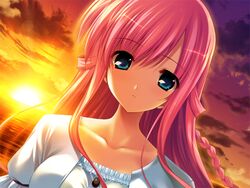  amamiya_kurara blue_eyes braid collarbone female floating_hair fumio_(ura_fmo) game_cg gradient_sky hair_between_eyes hoshiuta long_hair looking_at_viewer official_art open_mouth outdoors pink_hair purple_sky sky solo sunset yellow_sky 