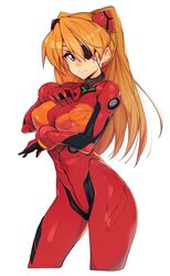  blue_eyes bodysuit breasts commentary covered_nipples cowboy_shot evangelion:_3.0_you_can_(not)_redo eyepatch female hair_ornament highres long_hair medium_breasts multicolored_bodysuit multicolored_clothes neon_genesis_evangelion orange_bodysuit orange_hair plugsuit rebuild_of_evangelion red_bodysuit simple_background slugbox solo souryuu_asuka_langley white_background 