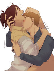  1boy blue_shirt breasts brown_hair closed_eyes collared_shirt commentary female hand_on_another&#039;s_head hange_zoe hanpetos highres hug kissing kissing_neck moblit_berner no_eyewear open_mouth ponytail shingeki_no_kyojin shirt small_breasts smile straight yellow_shirt 